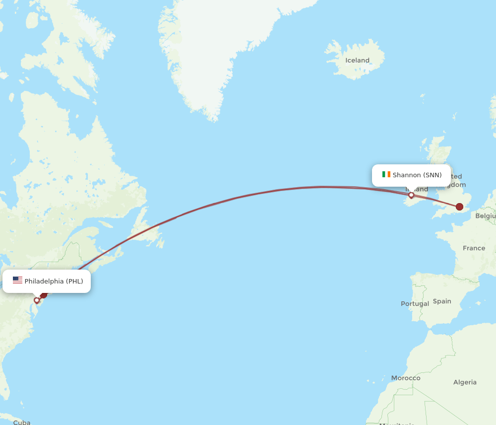 PHL to SNN flights and routes map