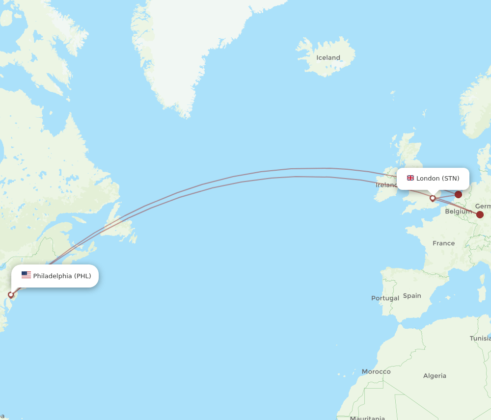 Philadelphia - London route map and flight paths
