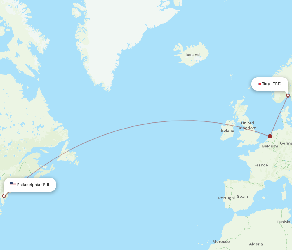 PHL to TRF flights and routes map