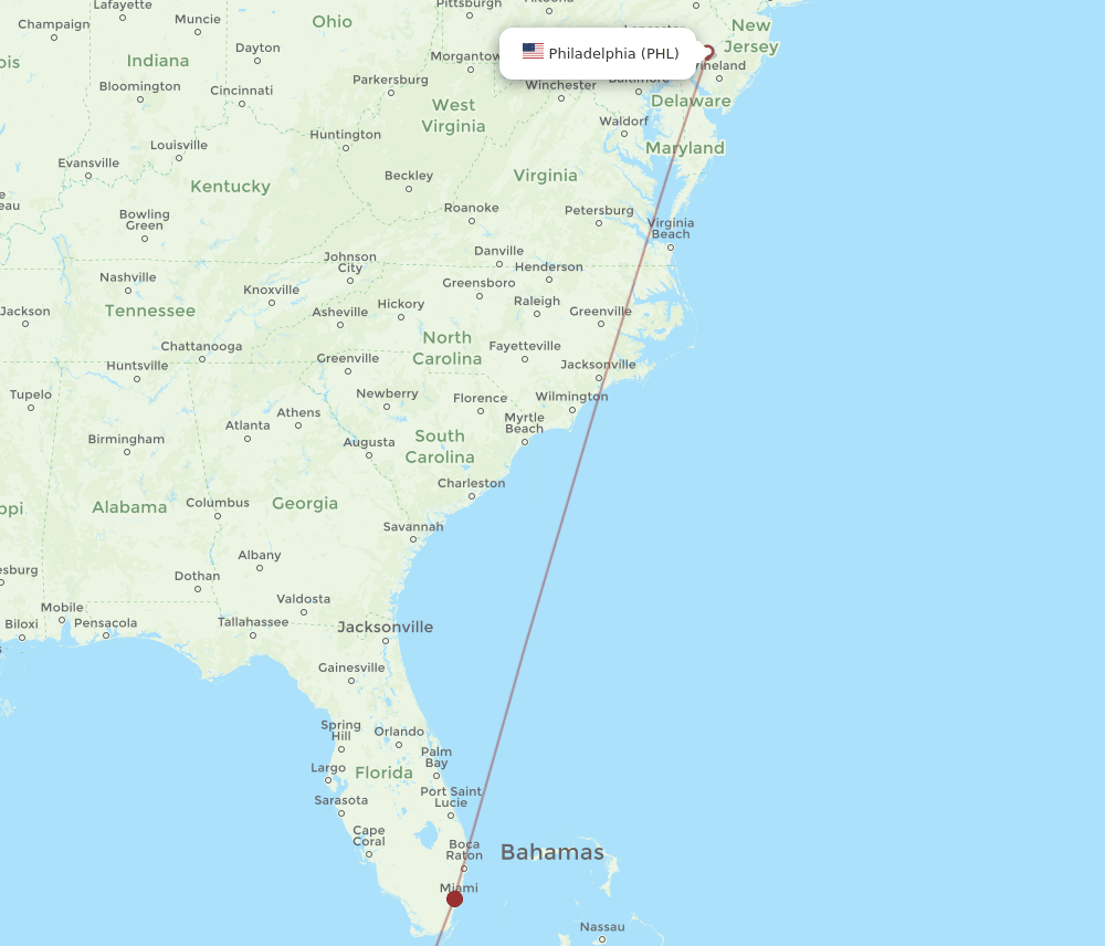 Philadelphia - Varadero route map and flight paths
