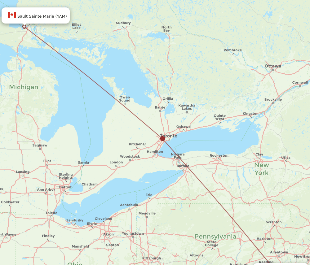 PHL to YAM flights and routes map