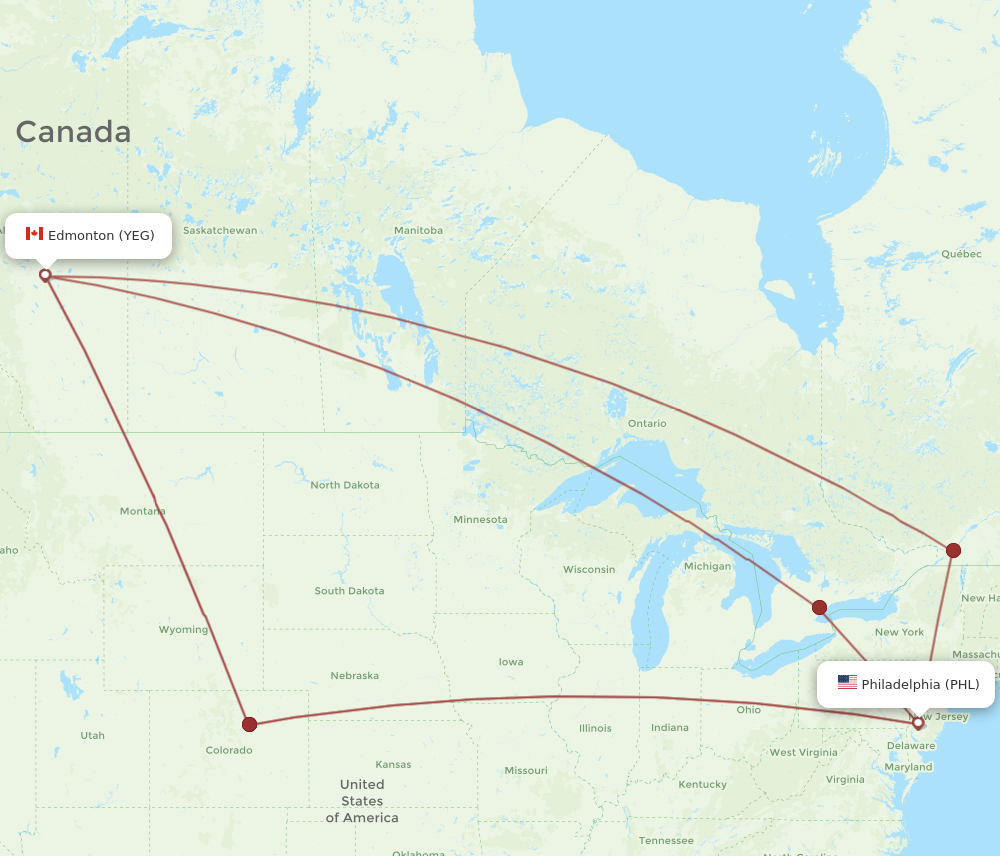 PHL to YEG flights and routes map