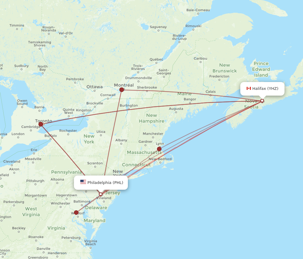 PHL to YHZ flights and routes map