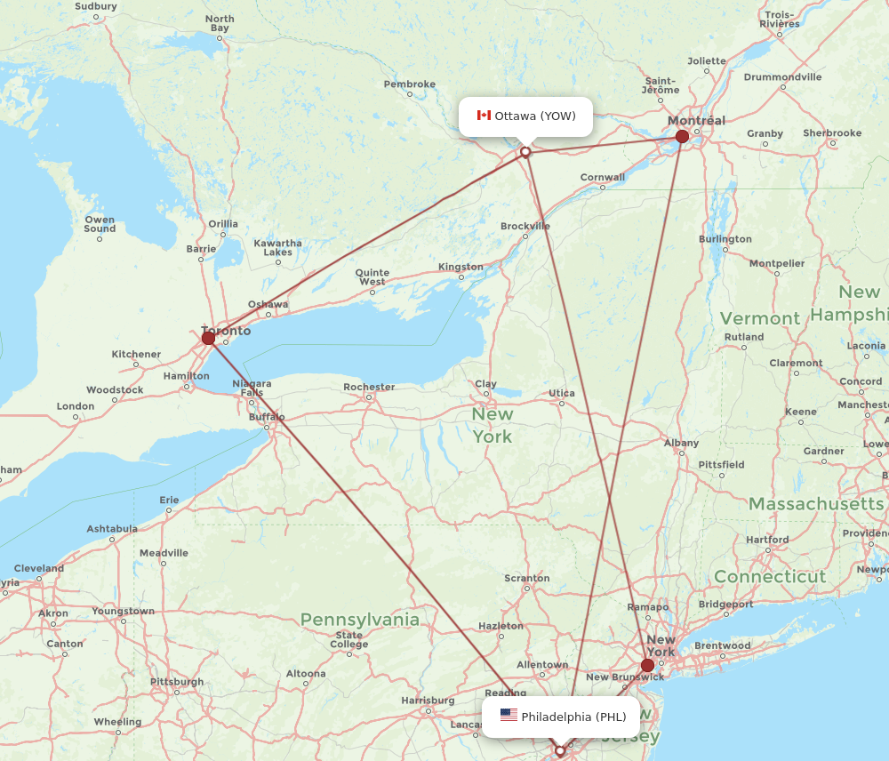 PHL to YOW flights and routes map