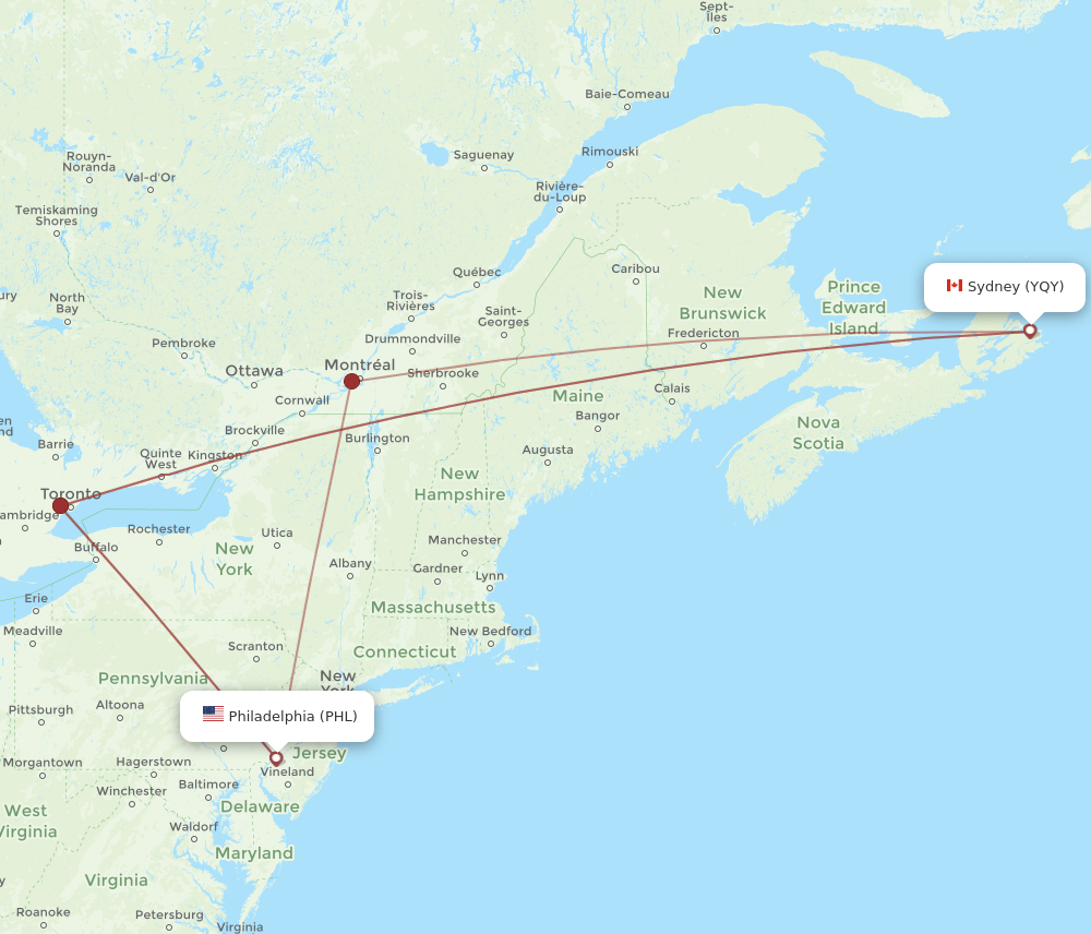 PHL-YQY flight routes