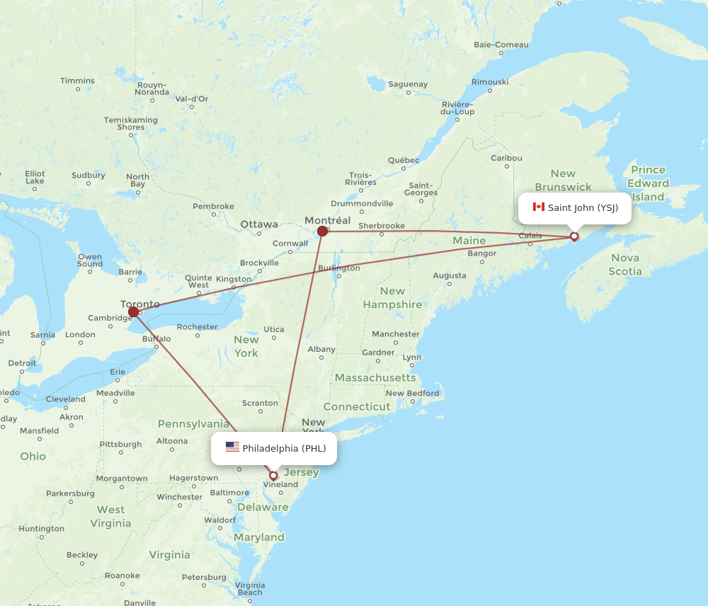 PHL to YSJ flights and routes map