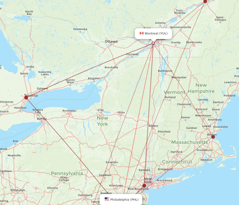 PHL to YUL flights and routes map