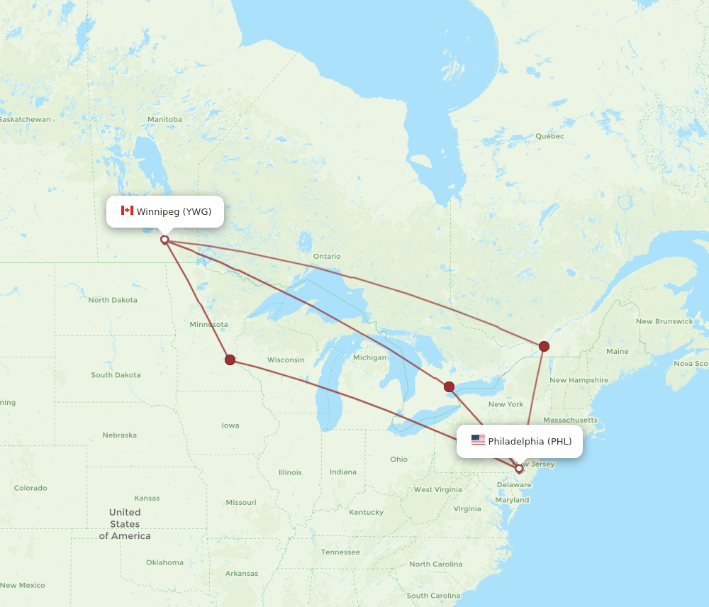 PHL to YWG flights and routes map