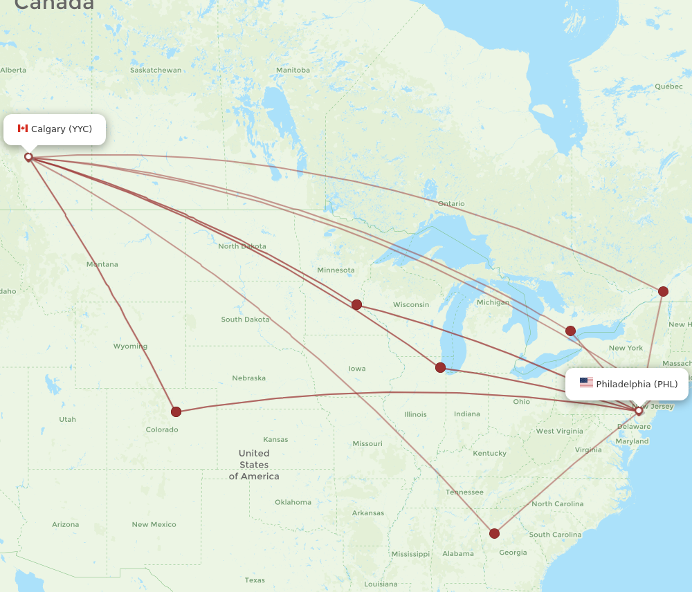 PHL to YYC flights and routes map