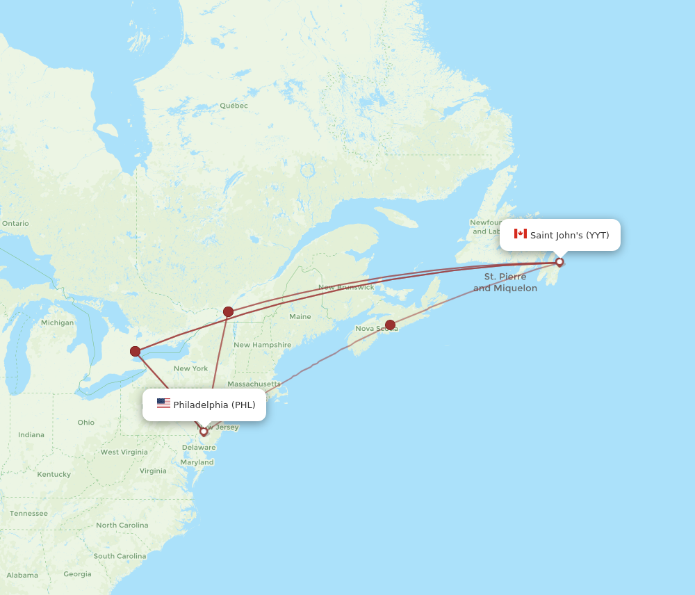 PHL to YYT flights and routes map
