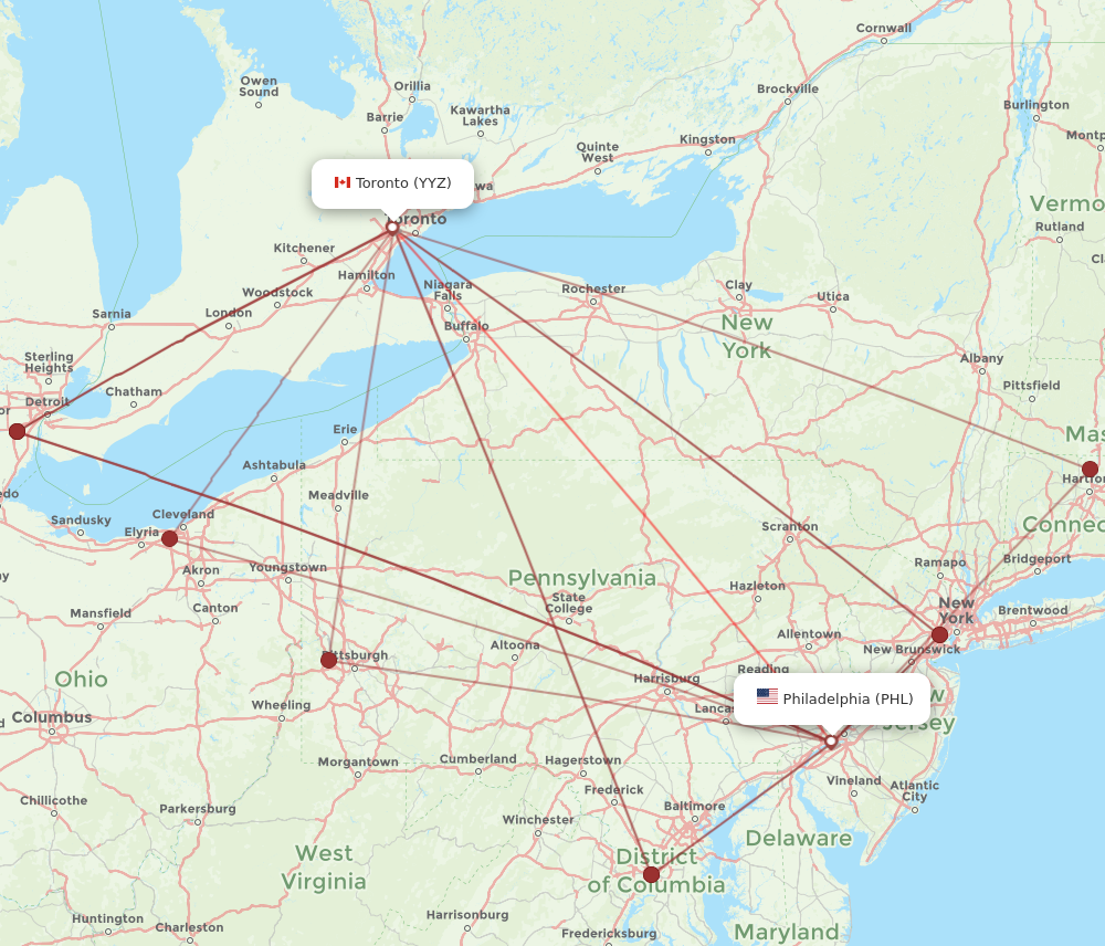 PHL to YYZ flights and routes map