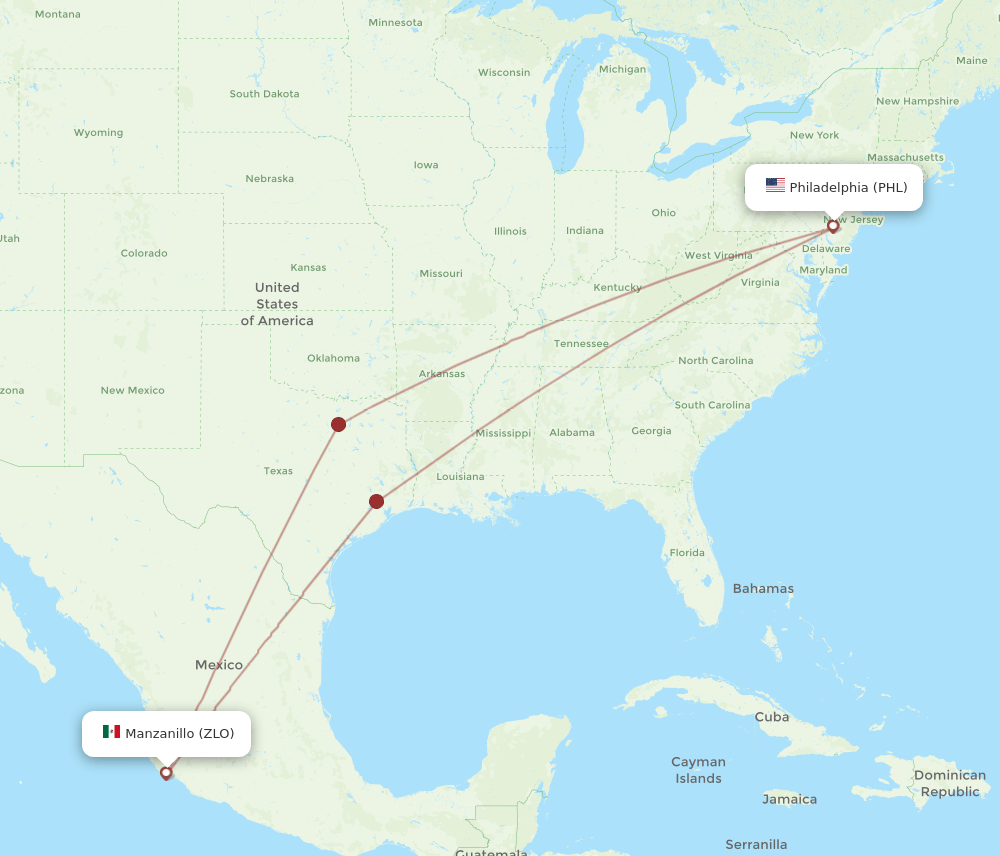 Manzanillo - Philadelphia route map and flight paths