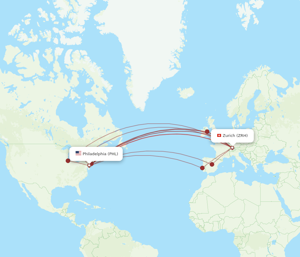PHL to ZRH flights and routes map