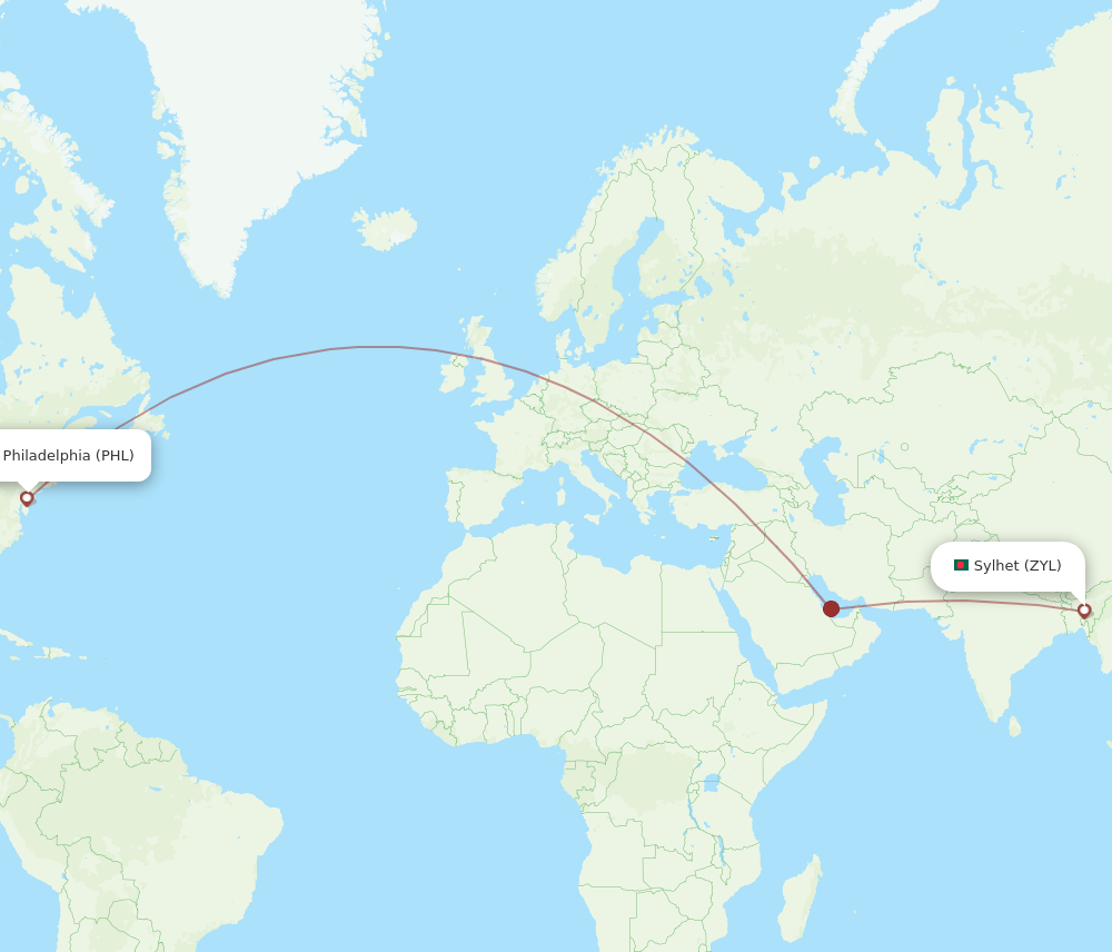 Sylhet - Philadelphia route map and flight paths