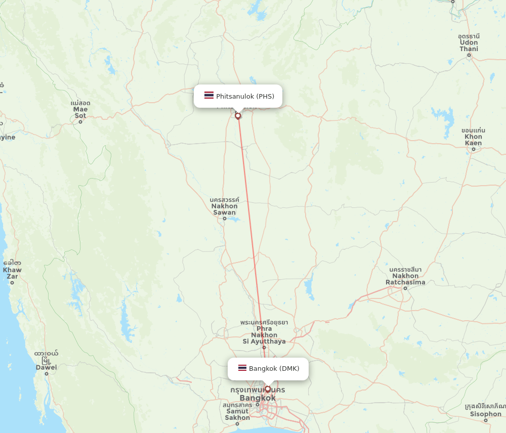 Phitsanulok - Bangkok route map and flight paths