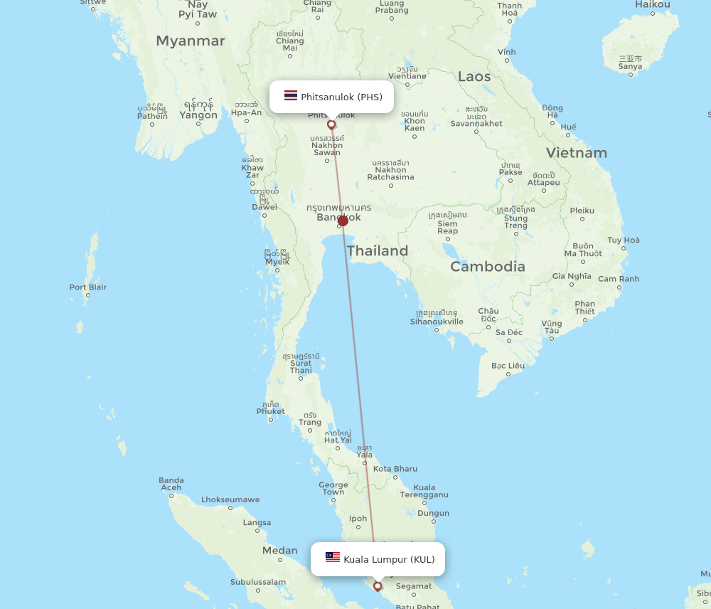 Kuala Lumpur - Phitsanulok route map and flight paths