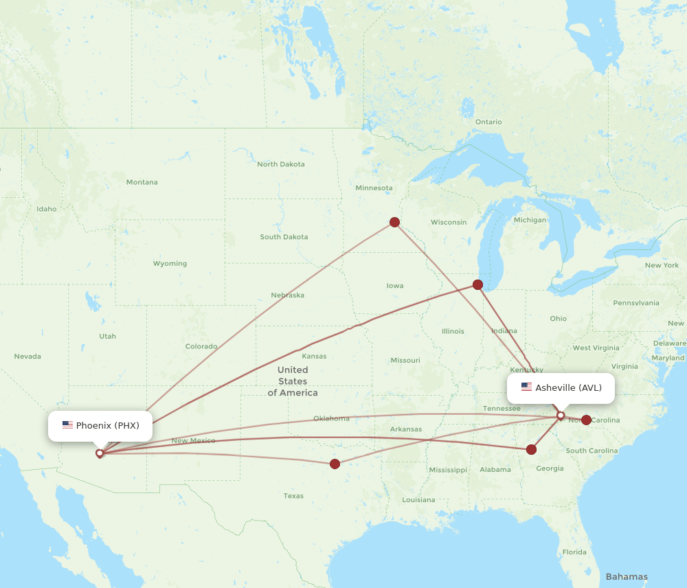 PHX to AVL flights and routes map
