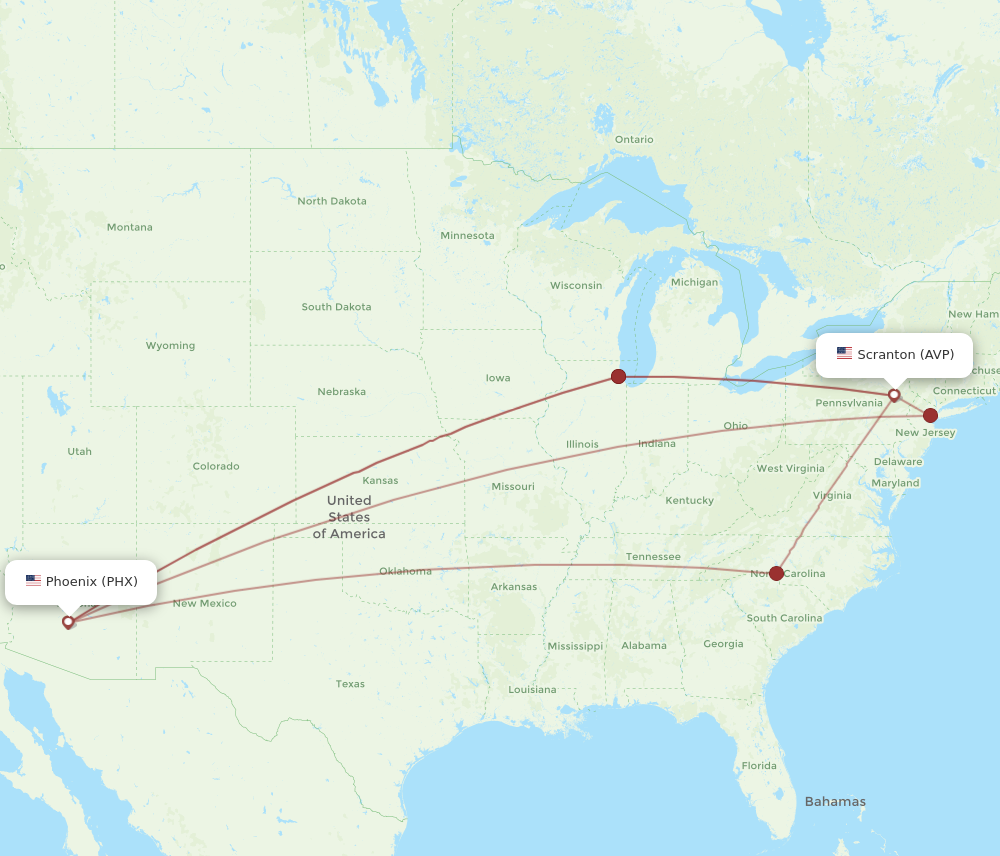PHX to AVP flights and routes map