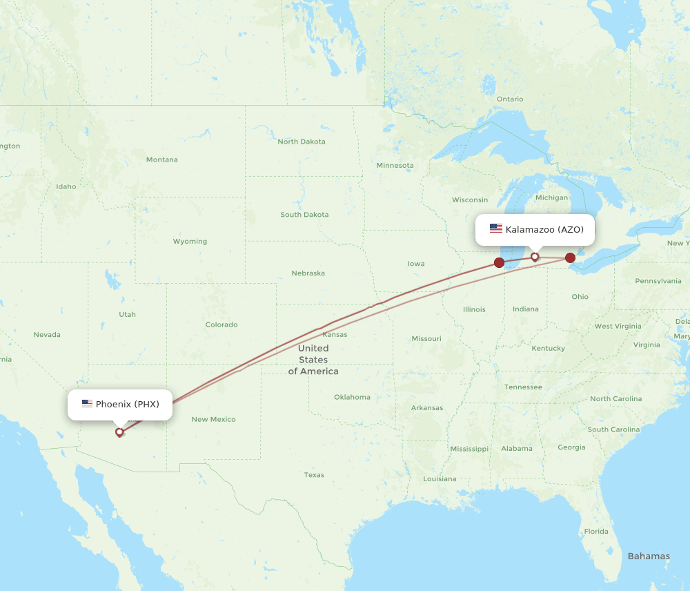 PHX to AZO flights and routes map