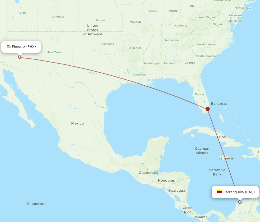 PHX to BAQ flights and routes map