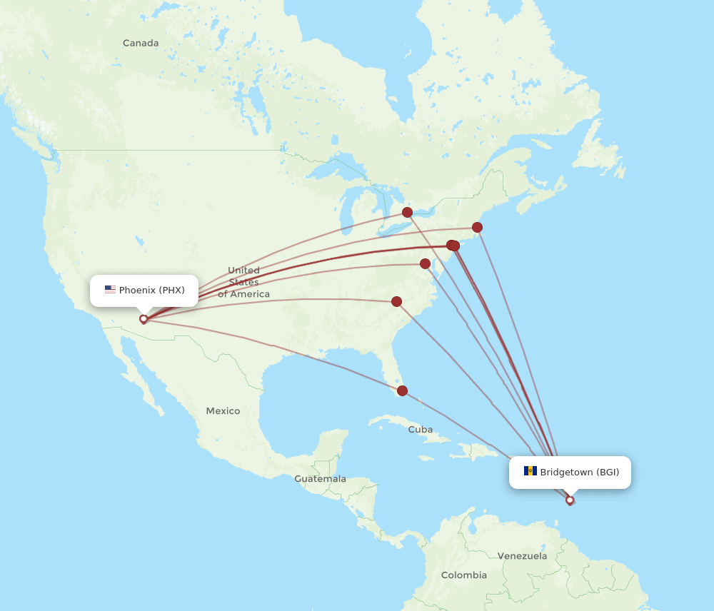 PHX to BGI flights and routes map