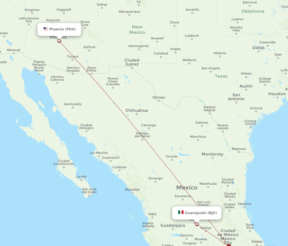 PHX-BJX flight routes