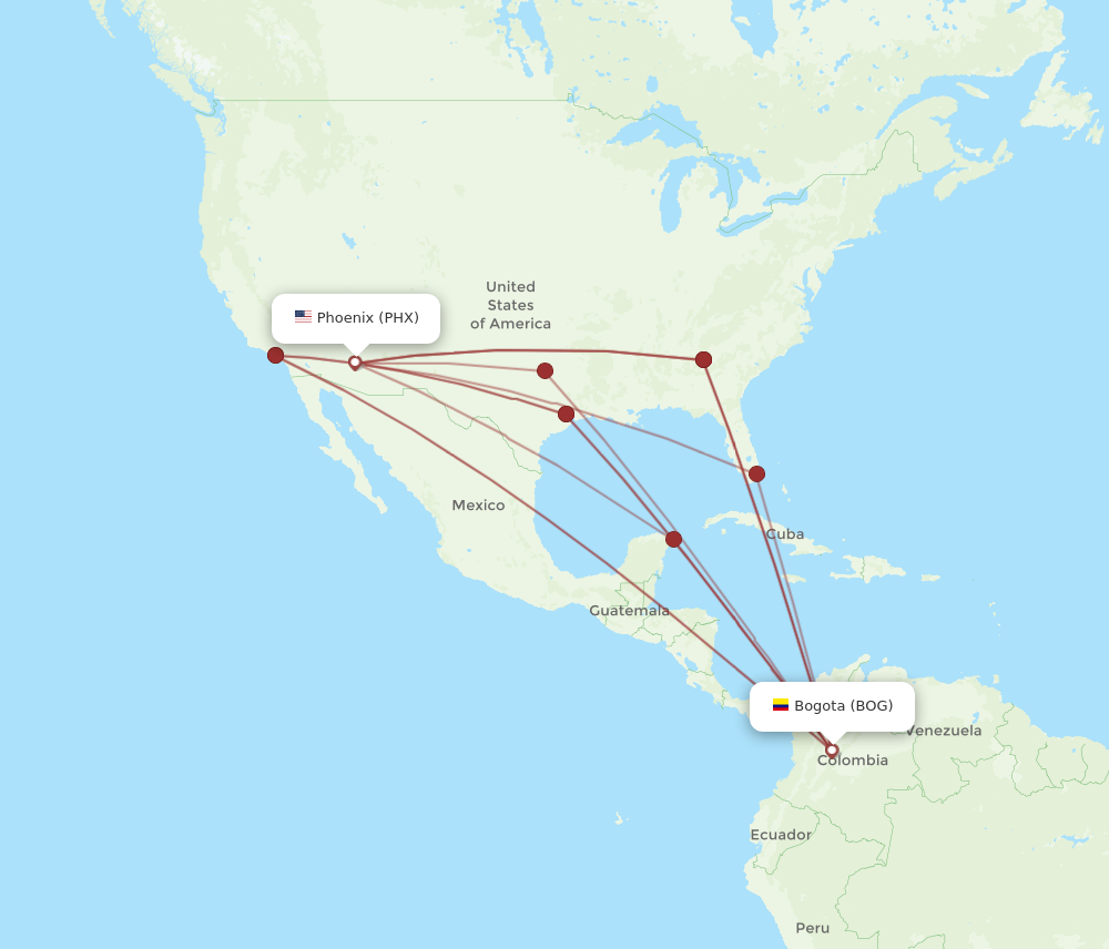 PHX to BOG flights and routes map