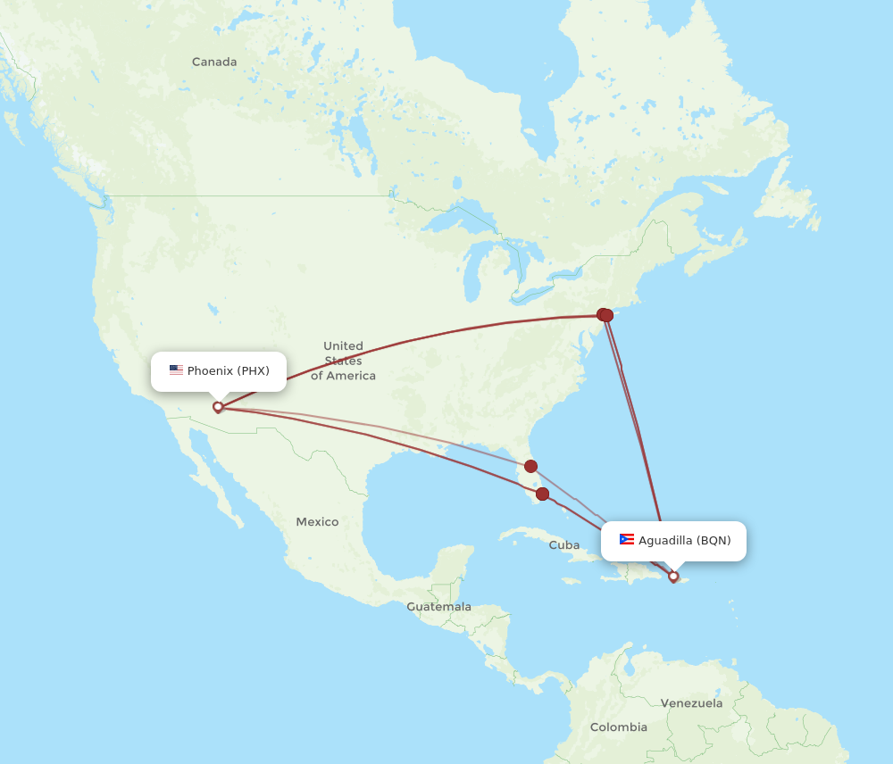 PHX to BQN flights and routes map