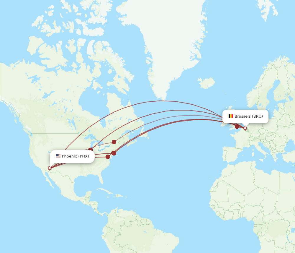 PHX to BRU flights and routes map