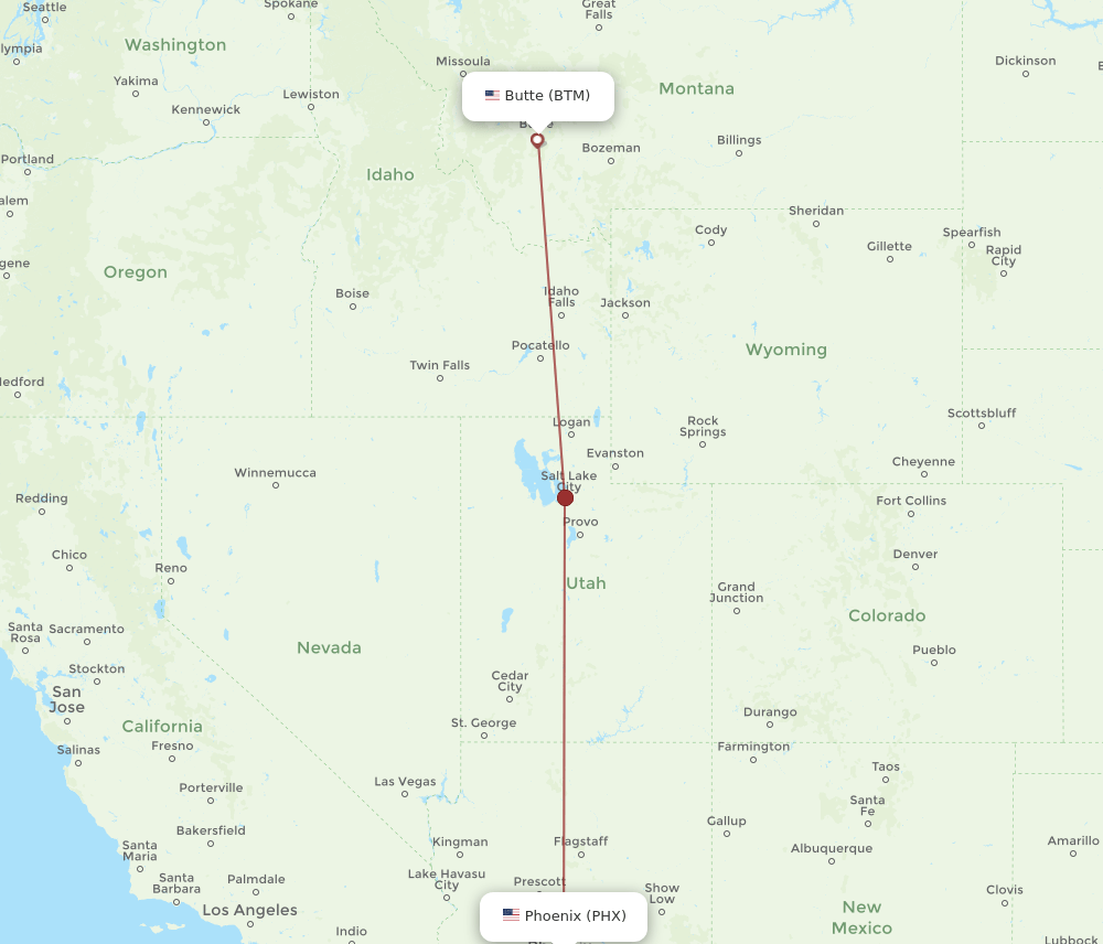 PHX to BTM flights and routes map