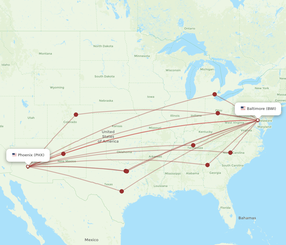 PHX-BWI flight routes