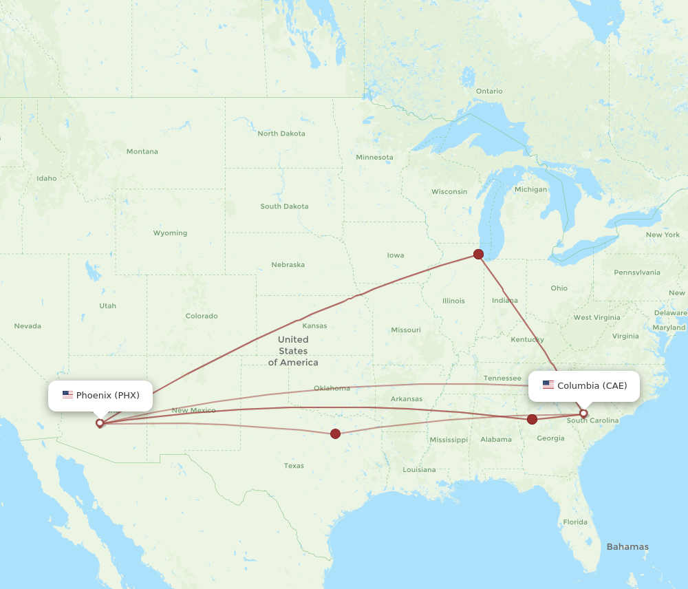 PHX to CAE flights and routes map
