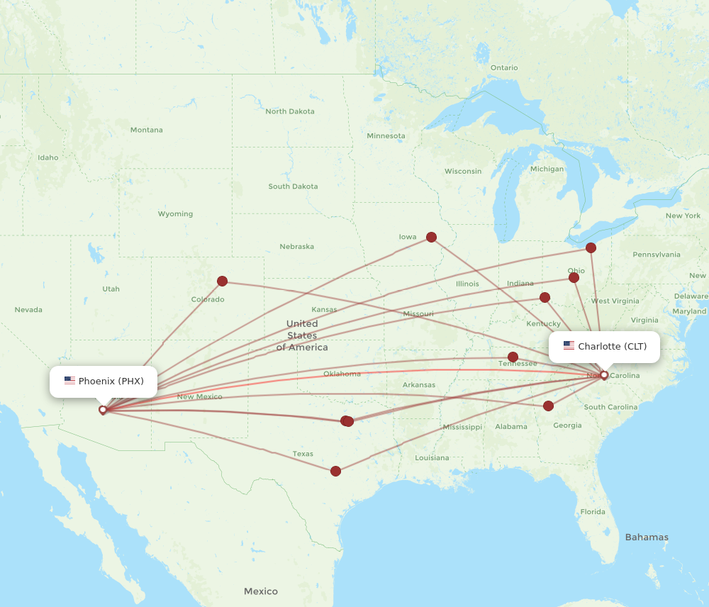 PHX to CLT flights and routes map