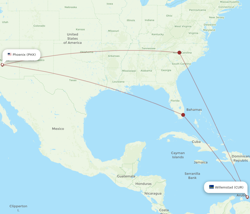PHX to CUR flights and routes map