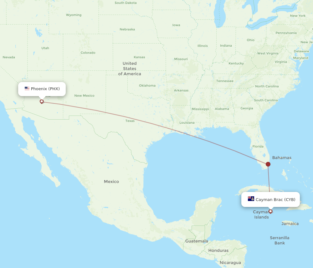 Cayman Brac Island - Phoenix route map and flight paths