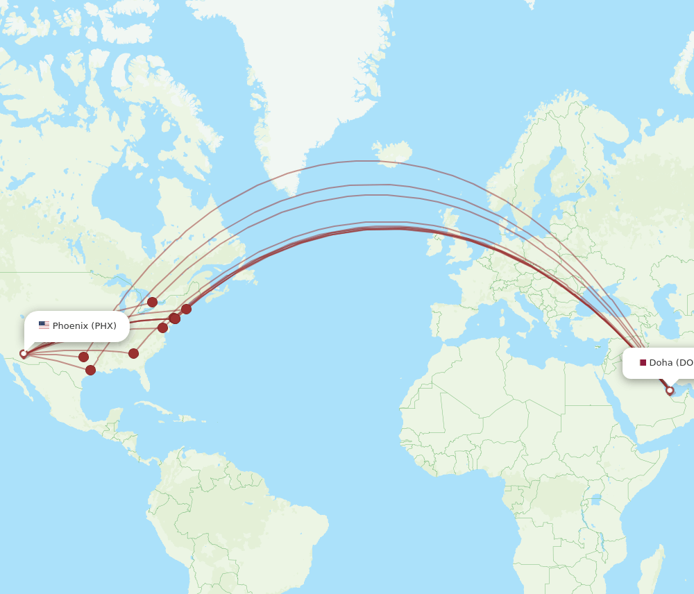PHX to DOH flights and routes map