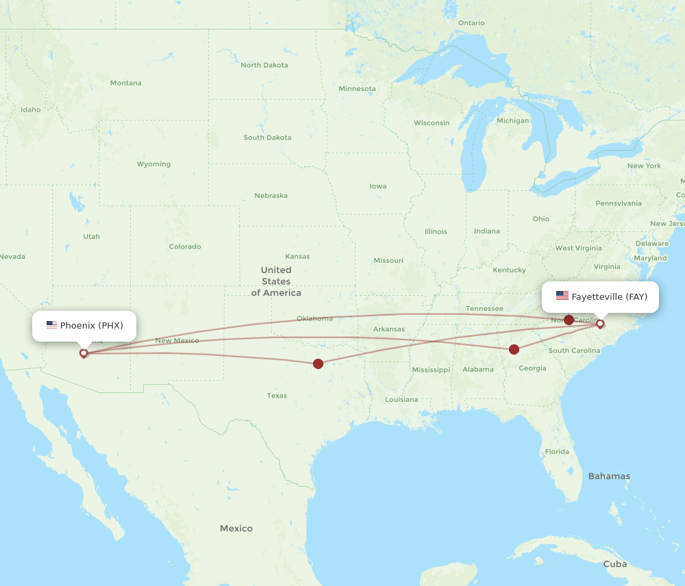 PHX to FAY flights and routes map