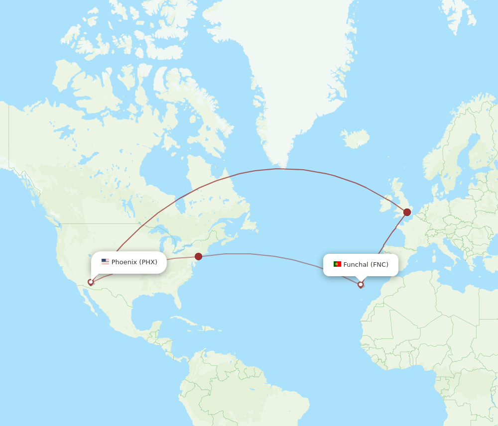 Funchal - Phoenix route map and flight paths
