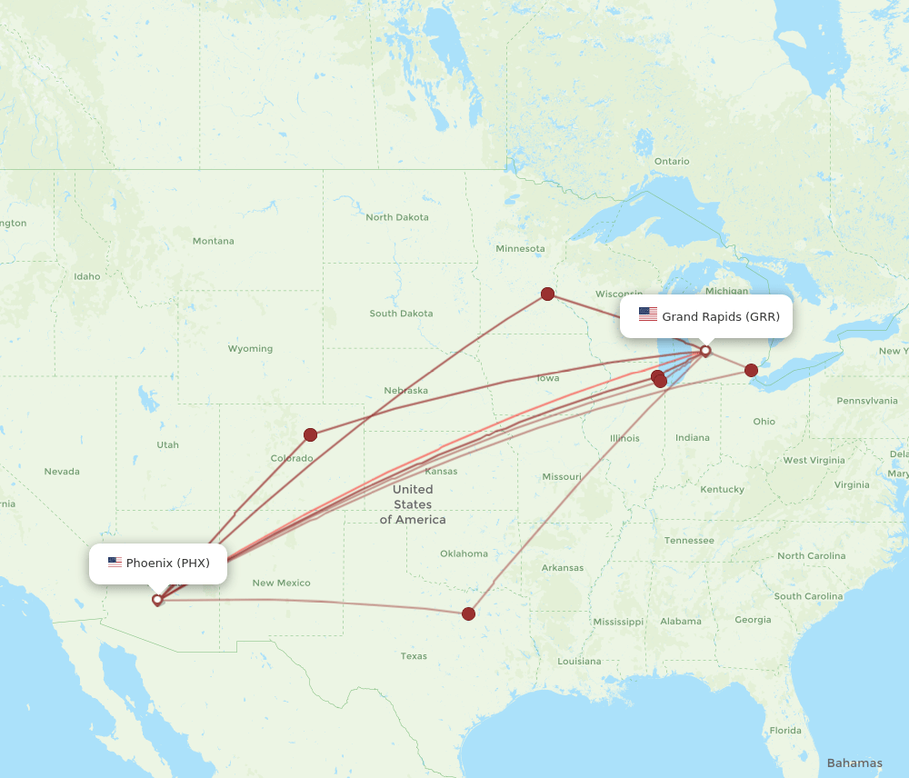 PHX to GRR flights and routes map