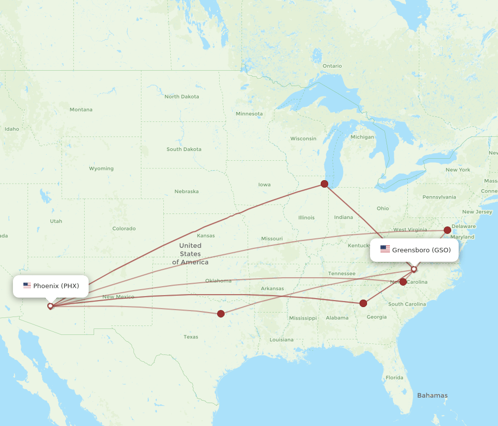 PHX to GSO flights and routes map