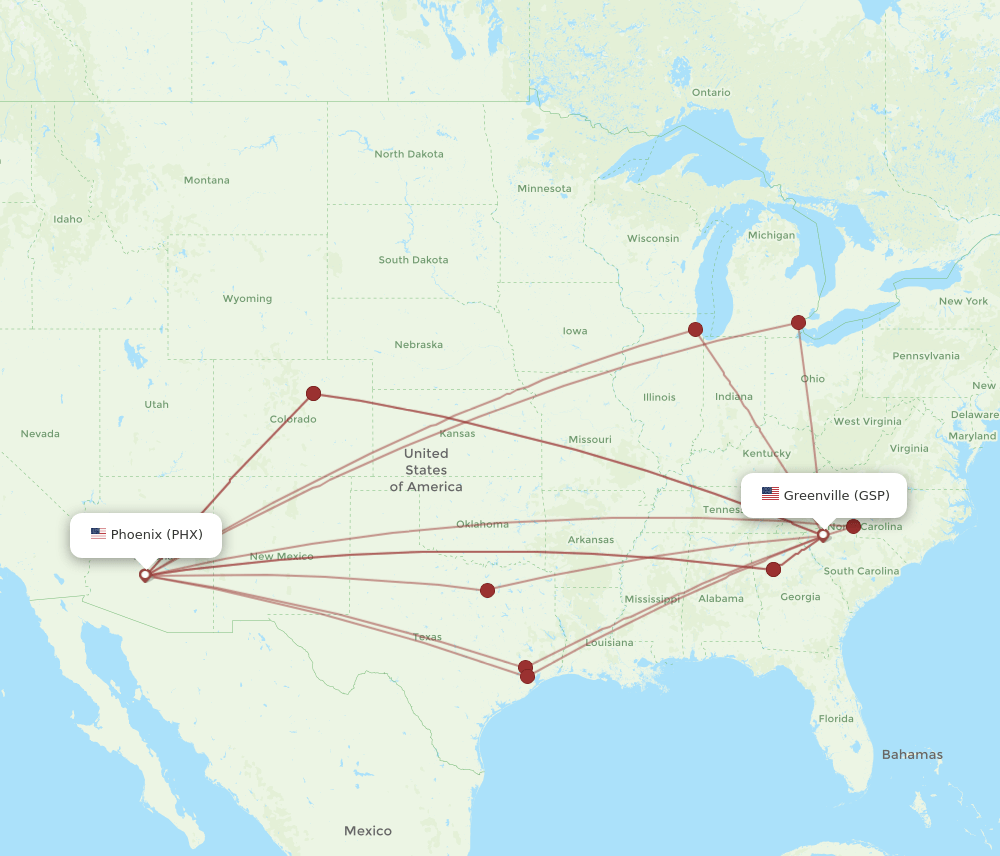 PHX to GSP flights and routes map