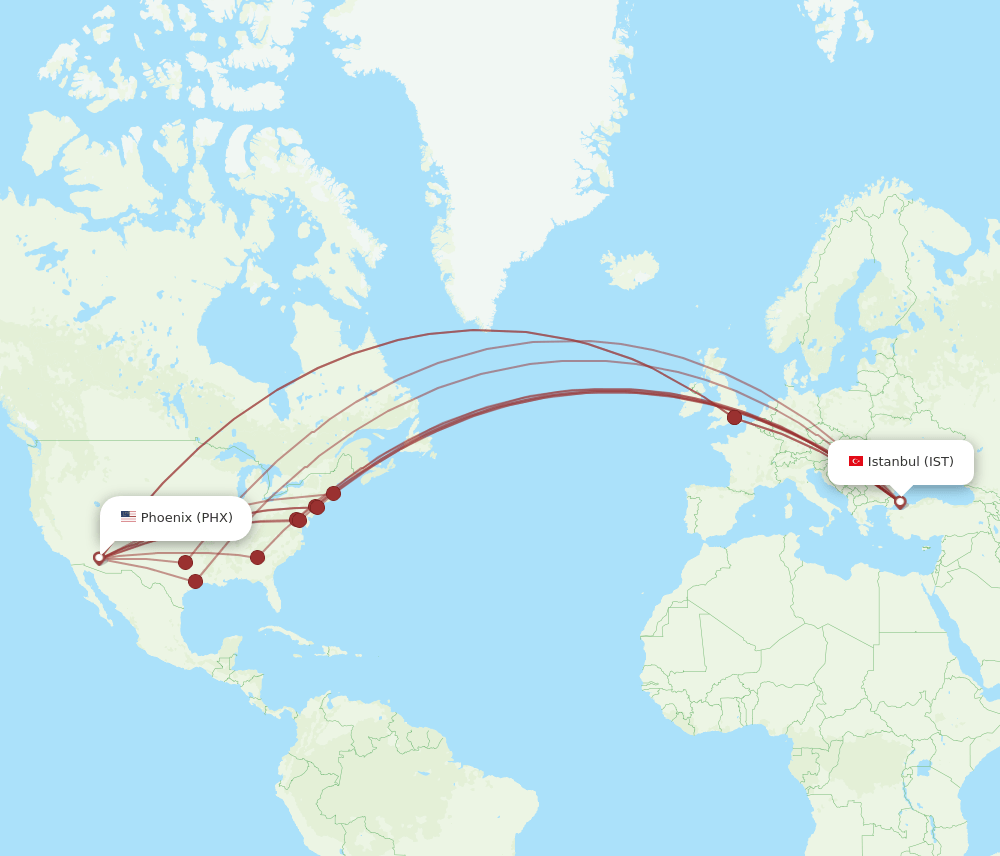 PHX to IST flights and routes map