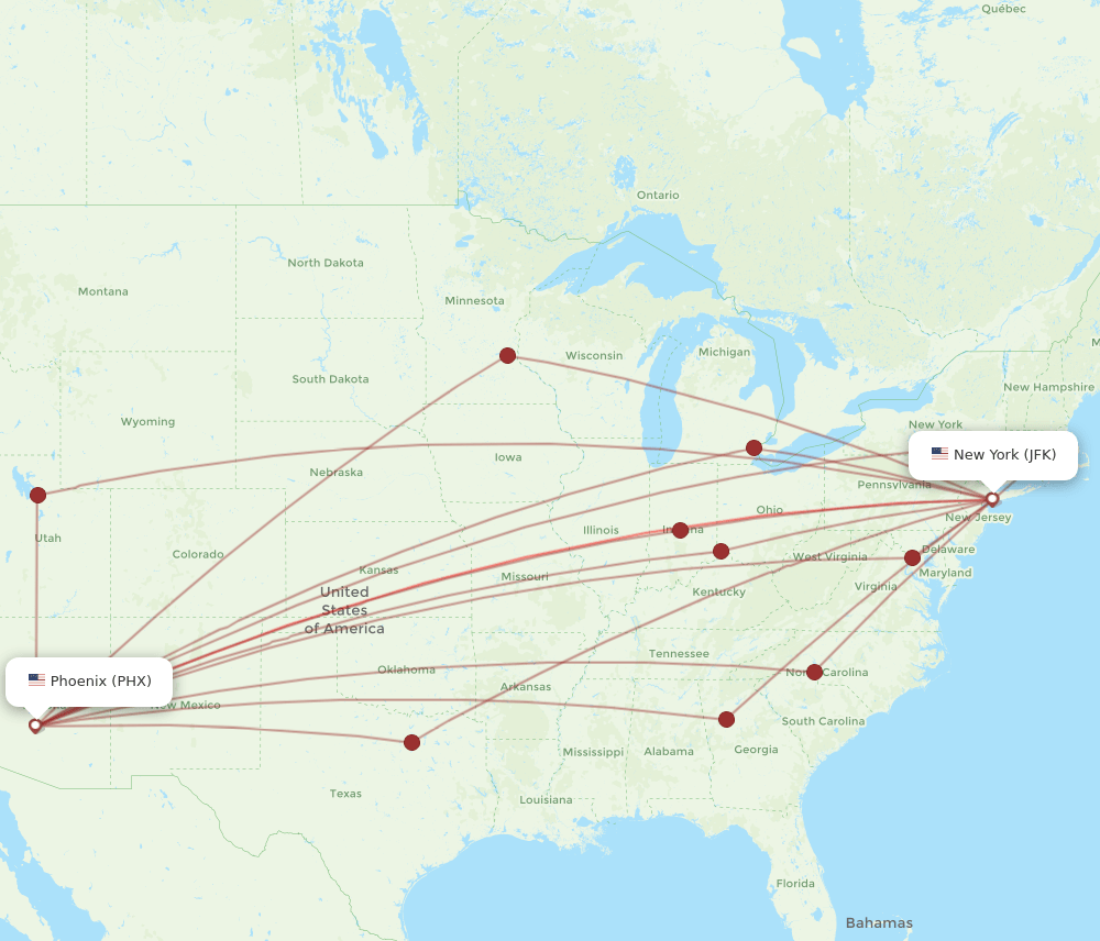 PHX to JFK flights and routes map
