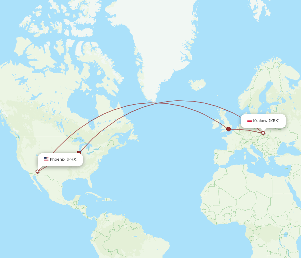 PHX-KRK flight routes