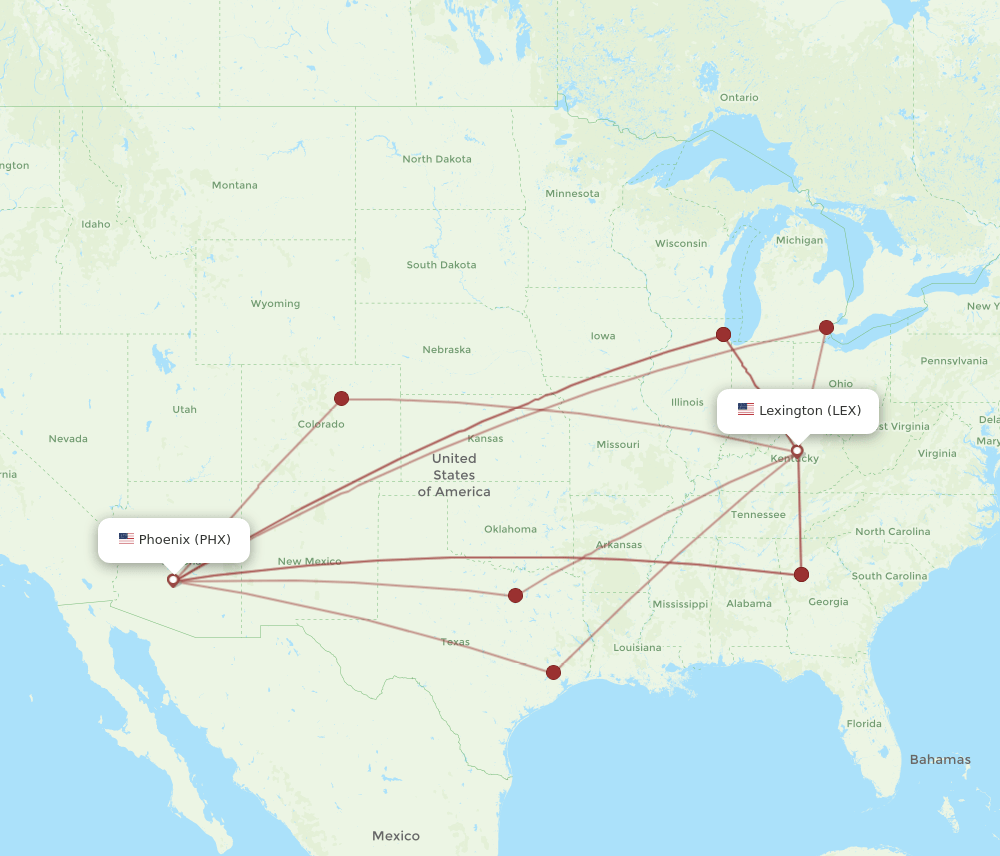 PHX to LEX flights and routes map