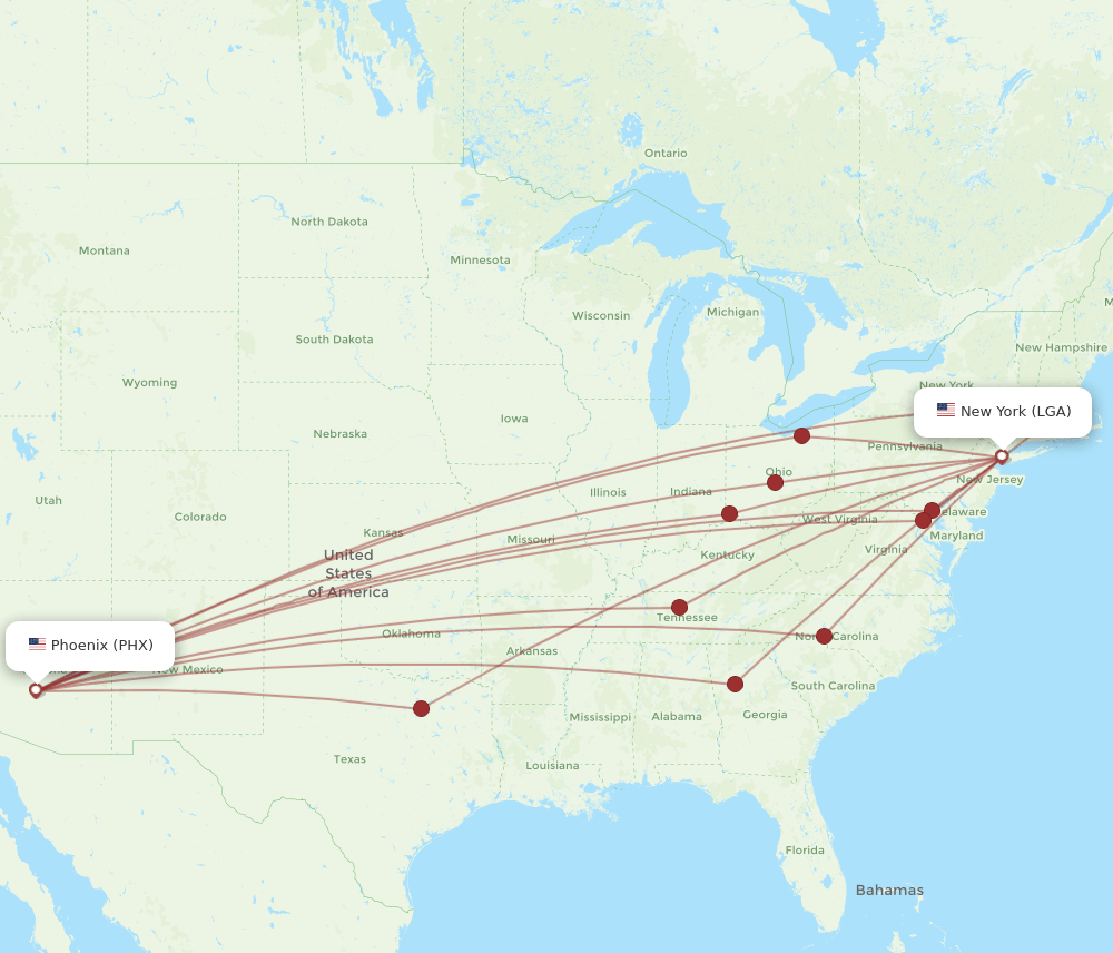 PHX to LGA flights and routes map