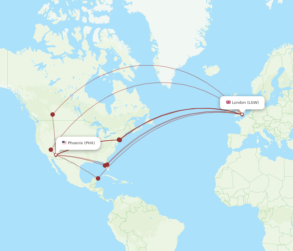 PHX to LGW flights and routes map