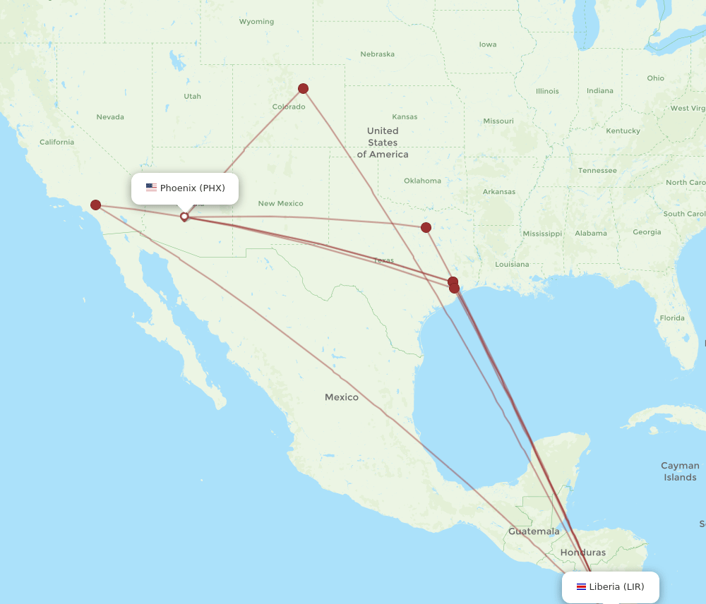 PHX to LIR flights and routes map