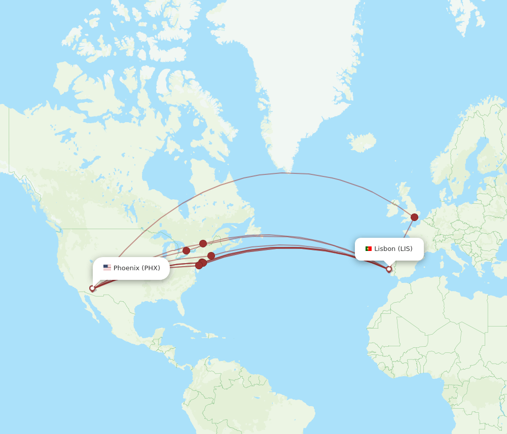 PHX-LIS flight routes