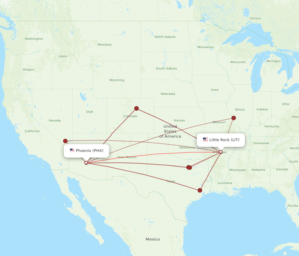PHX to LIT flights and routes map